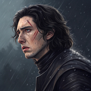 Kylo Ren, intense face, bruised skin. Dark background. Digital art