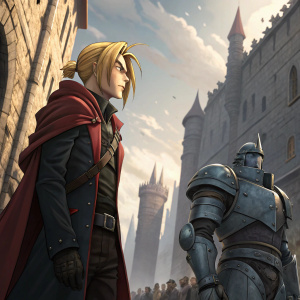 Digital concept art. Edward Elric and Alphonse Elric from Fullmetal Alchemist. Edward, with a fierce expression, stands in front of his armored brother. A bustling medieval cityscape and towering stone walls form the backdrop.