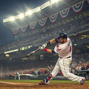 Yonder Alonso, baseball player for Cleveland Indians, in action on the field. Spectators cheering. Ad for Gatorade