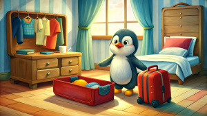 a cute penguin packing a suitcase in his bedroom