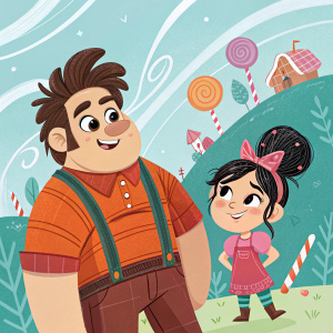 Digital artwork featuring Ralph and Vanellope from the Wreck-It Ralph series. Cartoonish aesthetic with bold colors and playful expressions. Various characters in vibrant outfits, set against a whimsical background.