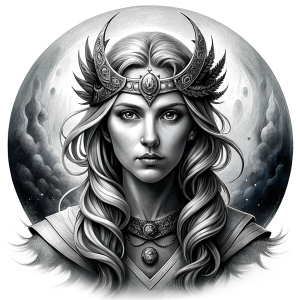 Frigg - Nordic Goddess perfect realistic art, high-definition grey and black, white background tattoo design