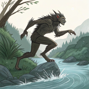 The Nalusa Falaya, a mythical creature with Native American inspiration, is captured mid-jump over a river. It has a humanoid shape, covered in sharp spines and long hair. Its small eyes and pointed ears are visible as it twists through the water.