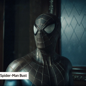 High-resolution 3D render of Spider-Man's face. Dark gray and web-like textures. Blue background. 'Spider-Man Bust' watermark