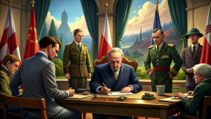 Generate an animated and hyper-realistic image that represents the signing of the Treaty of Versailles