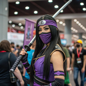 Cosplayer dressed as Akali from League of Legends. Asian female with long black hair. Wearing a ninja-style outfit with purple and black accents. Holding a katana. Event with crowded backdrop.