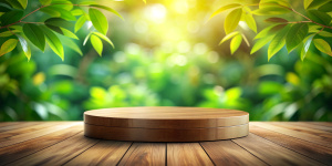 Wooden product display podium with blurred nature leaves background. 3D rendering