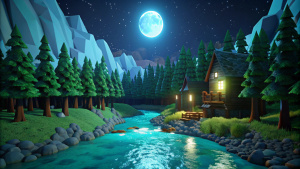 minecraft scene, computer generated image of a turquoise river surrounded by high trees,house on the right bank, the moon shines through the minecraft trees, computer graphics by Paul Kelpe, deviantart contest winner, computer art, rendered in cinema4d, volumetric lighting, voxel art minecraft night, moonlight