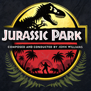 Dynamic poster for Jurassic Park Soundtrack featuring T-Rex silhouette intertwined with the bold 'Jurassic Park' text. Dominant black background highlighted with striking colors. Prominent, catchy tagline 'Composed and Conducted by John Williams' positioned at the bottom.