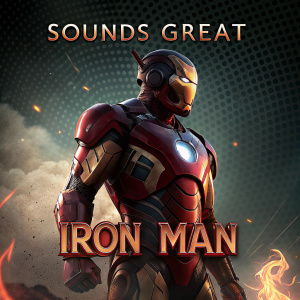 Digital illustration featuring Tony Stark's Iron Man suit. The emblem radiates fiery script. Words 'SOUNDS GREAT' blaze above, 'IRON MAN' shines below. Dark, mesh-like background pulsates with shadowy gradients, creating cinematic grandeur.