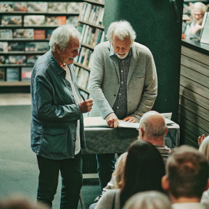 Ian McKellen and Alan Rickman at a book signing event. Both are dressed casually. The backdrop is a bustling bookshop with shelves filled with books.