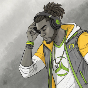 Sketch of Lucio from Overwatch, adjusting his headphones. Gray background, detailed facial features and attire