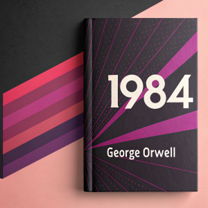 The cover of George Orwell's 1984, featuring a striking design with bold text on the right. The color scheme is a mix of black, pink, and purple hues. Modern font used for the text.