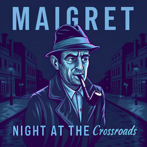 Rowan Atkinson in vintage-style promotional poster for 'Maigret: Night at the Crossroads'. He smokes a pipe in the center of the image.