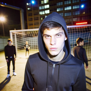 Estilo: Urbano, estético, futurista, oscuro.

Modelo: Hooligan apuesto, hoodie negro, mirada intensa dirigida a la cámara.

Ambiente:

Fondo con un arco de fútbol amateur.
Amigos jugando a la pelota, desenfocados para mantener la atención en el modelo.
Entorno urbano con elementos futuristas: luces de neón, grafitis abstractos, estructuras modernas.
Iluminación:

Iluminación tenue y dramática, con luces de neón creando contrastes.
Sombras pronunciadas 