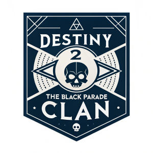 A digital illustration of the Destiny 2: The Black Parade clan logo. Featuring dark navy and white colors, geometric patterns, lightning bolt, skull, symmetrical design with 'Destiny 2 Clan' text.