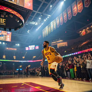 Kyrie Irving, wearing jersey, dribbling basketball on vibrant sports arena court, fans cheering