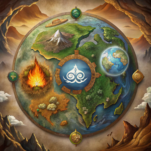 Show the map of the world with the four nations: Earth Kingdom, Fire Nation, Water Tribe, and Air Nomads.