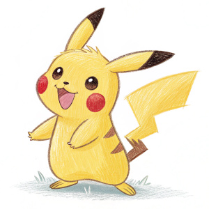 Pikachu, the iconic Pokémon character, depicted in a whimsical, hand-drawn style. White background, crayon-like textures