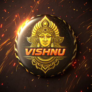 On a glossy black background, a golden emblem of Vishnu shines with intricate detail. The script swirls around it in bold, fiery letters.