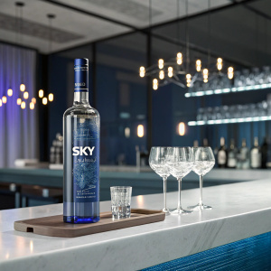 Digital ad featuring SKYY Vodka. A sleek bottle of SKYY Vodka sits on a luxurious bar countertop, surrounded by elegant crystal glasses. Soft lighting and a modern, chic backdrop emphasize the premium quality and sophistication of SKYY Vodka.