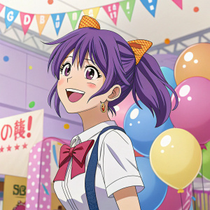Osana Najimi from Komi Can't Communicate, with vibrant purple hair, smiling brightly. Festive and colorful anime convention backdrop