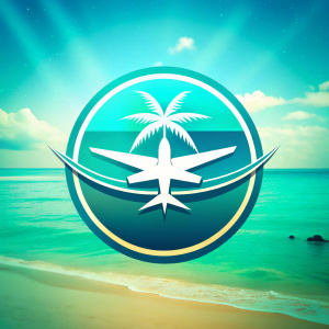LOGO DE UN AVION SOBRE UNA PLAYA  Y LANCHA 