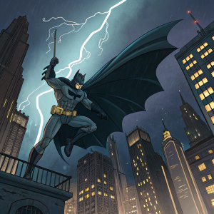 Digital artwork showcasing Batman in heroic pose. He's soaring through the night sky above Gotham City. Cityscape background. Vibrant dark hues and dynamic lines