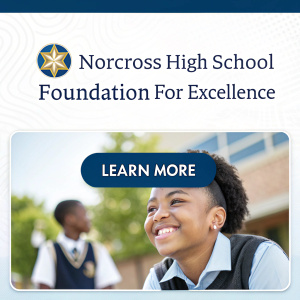 Website homepage for Norcross High School Foundation for Excellence. Bright and welcoming design with smiling student photo, mission statement, blue and white theme, Learn More button, and contact details.