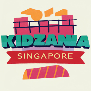 Digital illustration of KidZania logo, vibrant and youthful design featuring bold colors like red and orange. Text 'KidZania Singapore' beneath