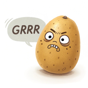 An illustrated potato expressing frustration with the word 'grrr' scribbled beside it.