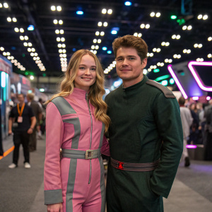Britt Robertson and Gregg Sulkin, amidst a bustling science fiction convention. They are dressed in futuristic attire. Britt wears a pink and gray jumpsuit, Gregg is in a dark green tunic. Crowded exhibit hall with LED lights and holographic displays in the background.