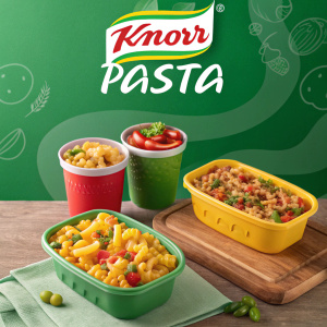 Anuncio promocional para Knorr pasta. Fondo vibrante y verde. Incluye logotipo de Knorr, mensaje principal en español, contenedores de pasta con diseños coloridos, y descripción de la experiencia de consumo del producto.