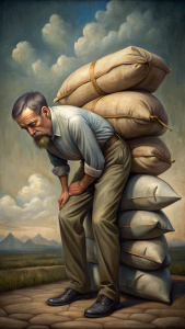 a man hunched over by heavy sacks is very very sad