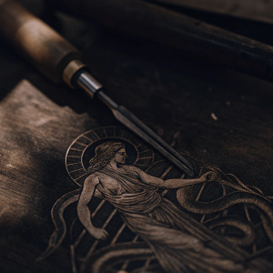 Athena Giustiniani, also known as Minerva, illustrated in a dynamic pose. Holding a spear and a snake. Depicted in a detailed black and white engraving on wood.