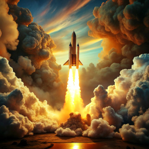 "Generate an AI image showing a spaceship launching. The smoke billowing from the rocket is money. Place a sunset sun at its center, casting warm tones across the scene. Emphasize intricate details in the ship's design space and make sure clouds are rendered with photorealistic quality, creating a stunning visual composition. Capture the ethereal atmosphere