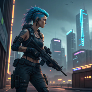 Lara Croft-inspired female character, cyberpunk style, with spiky blue hair. She's dressed in tactical combat gear and holding a high-tech weapon. Set against a sleek urban cybercity backdrop.