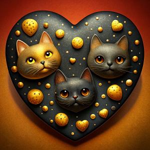 valentines day black and gold colored heart-shaped card with potatoes cats