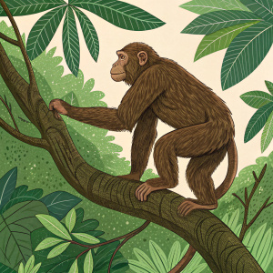 Digital illustration by Alex Grey. Depicting a muscular brown monkey in dense green foliage. The monkey is perched on a tree branch, showcasing its strength and agility.