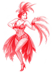 A full-body burlesque dancer, the image in a 1920s style with a predominant red color palette.