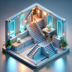 Isometric view, 3D Render of a artificial intelligence foyer with modern flooring, shining staircase, and LED light, on isolated white background.