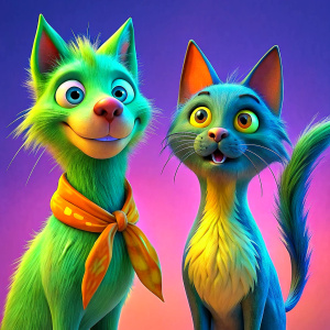A cartoonish skinny hairy feral cat and dog, looking each other, funny faces, with big round eyes, black ears and light brown fur.
they wears a red and blue scarf with white polka dots tied around his neck.
Their eyes are very expressive, giving a friendly and curious feeling.
The visible texture suggests that the work is painted on old and damage wood background.
It is a very colorful and cheerful artistic painting