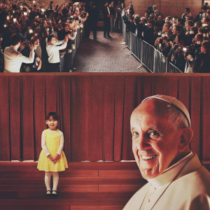 Pope Francis at Gwanghwamun Square, Seoul. Close-up with a young girl in a yellow dress. Dense crowd of diverse ethnicities capturing the moment with cameras and smartphones.