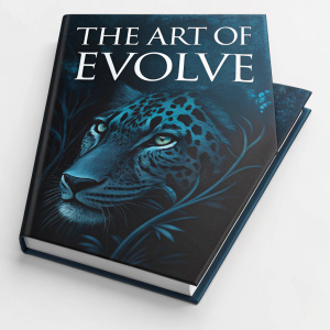 Book cover for 'The Art of Evolve'. Dark design, blue and black tones, central motif of a mysterious animal print. Title 'THE ART OF EVOLVE' at top, elegant and enigmatic style.