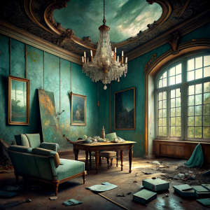 Everywhere is messy and dirty. The dirty gray and green wall plaster has fallen off, the brown wallpaper has peeled off on the wall on the right. A large old crystal chandelier hangs from the ceiling. In the middle of the room, there is a long renaissance style wooden table and around it are very old broken chairs with velvet backs and flashy gilding. An old and broken light is next to the window. a shining floor lamp. The floor is black and white with old worn out flooring. A clock hangs on the