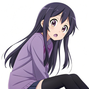 Illustration of a young anime girl with a surprised expression. She has long dark hair and wears a purple shirt and black stockings. Soft and detailed cartoon style. Plain white background