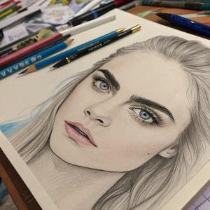 Cara Delevingne, pencil sketch. Focus on her blue eyes, detailed eyelashes and eyebrows. Background includes various art supplies like pens and colored pencils scattered around the drawing area.