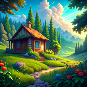 a lush green meadow, a small wooden house with one bedroom and a living room