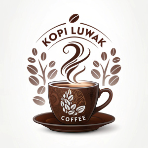 Logo design for Kopi Luwak Coffee. Brown cup with intricate coffee bean illustration. Cup rests on white saucer. 'Kopi Luwak COFFEE' in bold brown letters. Clean, modern style.
