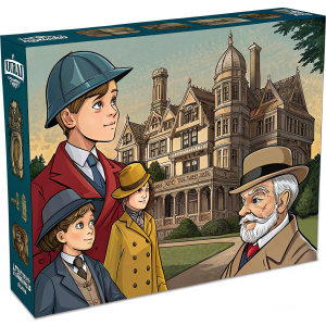 A vintage Cluedo game box featuring diverse characters with distinct attire and ages. Set within a mansion, the box highlights intricate architectural details and multiple levels. The game is perfect for ages 8 and up, offering a classic mystery-solving experience.